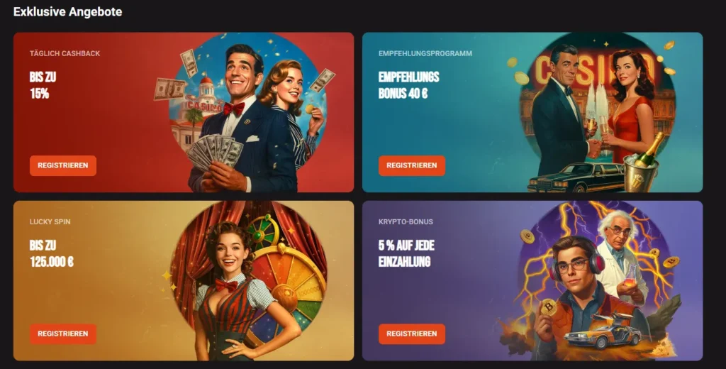 Ein Banner mit exklusiven HollyWin Casino-Aktionen: Cashback, Freundschaftsbonus, Glücksspin und Krypto.