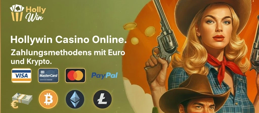Cowboy-Grafik zeigt Zahlungsmethoden wie Visa und Krypto für Einzahlungen im Hollywin Casino.