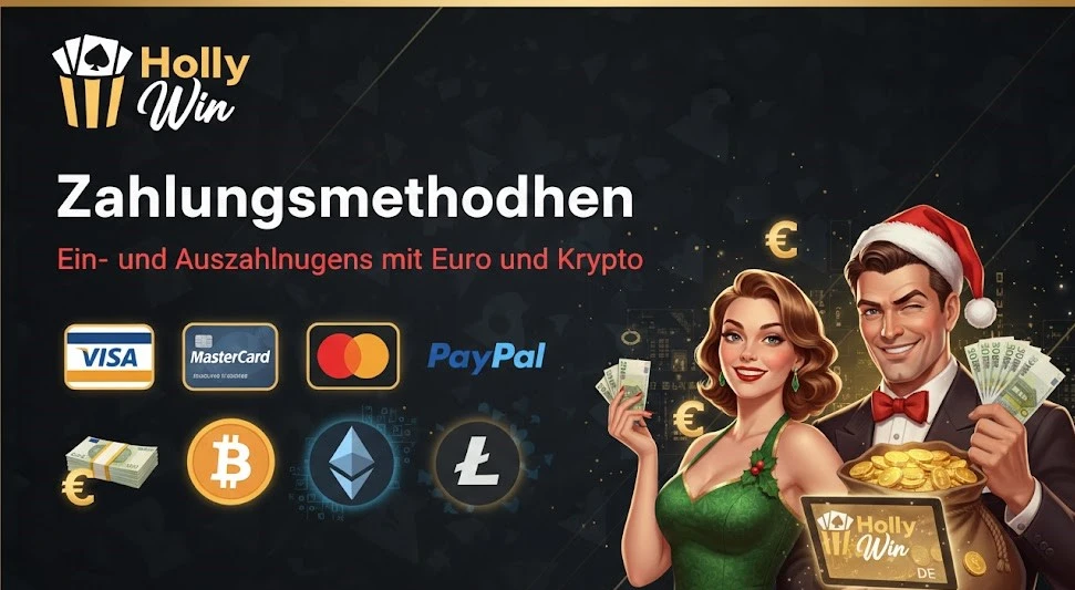 Übersicht der Zahlungsmethoden bei Hollywin Casino für Ein- und Auszahlungen mit Euro und Krypto.