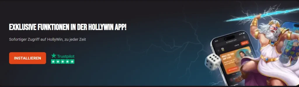 Werbebanner für die Hollywin App zeigt exklusive Funktionen und schnellen mobilen Zugriff für Spieler.