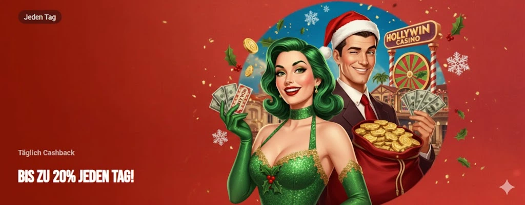 Werbebanner für 20% täglichen Cashback zeigt attraktive Bonusvorteile im HollyWin Casino.