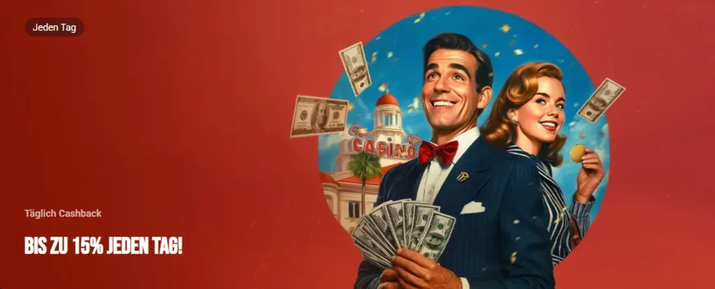 Werbebanner für täglichen Cashback zeigt attraktive Bonusangebote für Hollywin Casino Spieler.