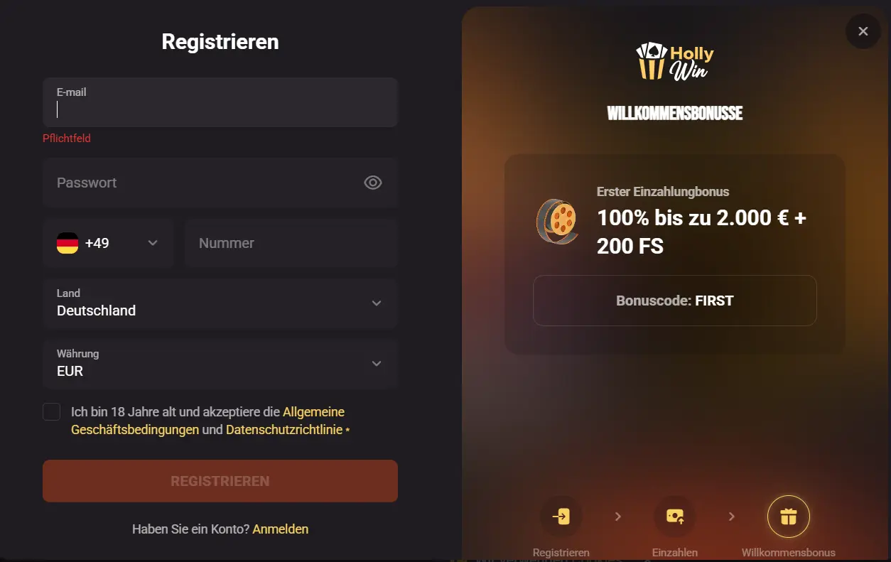 Registrierungsformular für Hollywin Deutschland mit Details zum Willkommensbonus für Neukunden.