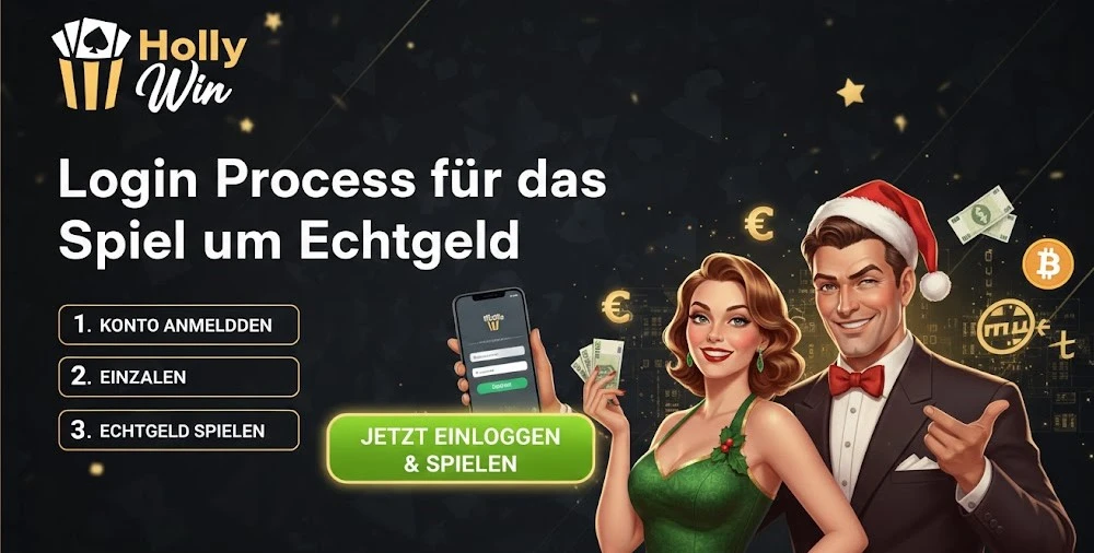 Grafik zum Login-Prozess im Hollywin Casino zeigt die Schritte zum Echtgeldspiel für Nutzer