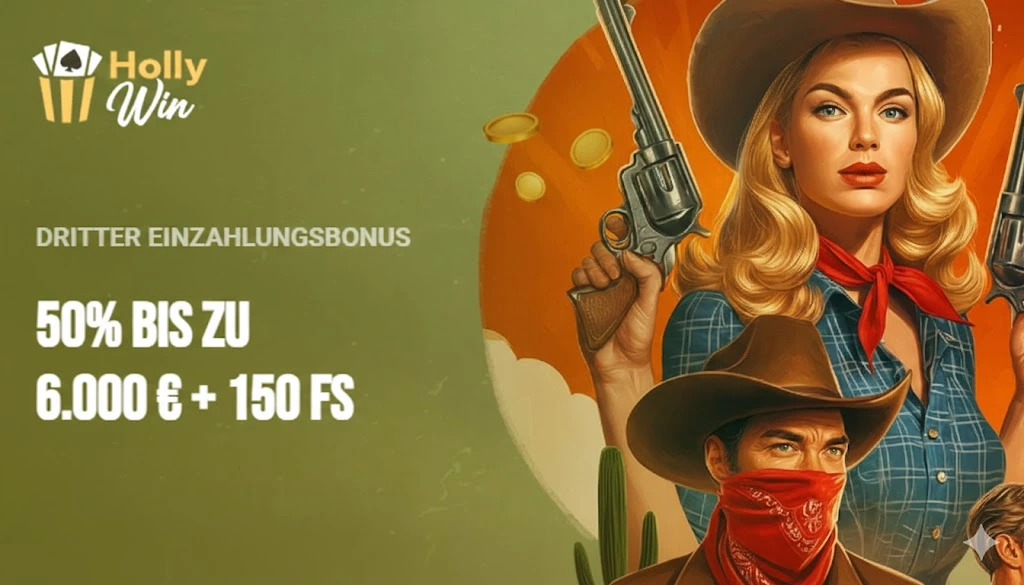 Cowboy-Grafik zum dritten Einzahlungsbonus zeigt hohe Belohnungen für Hollywin Casino Spieler.