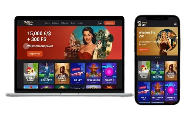 Die Webseite von HollyWin Casino auf einem Laptop und einem Smartphone, die das responsive Design und die verfügbaren Bonusangebote präsentiert.