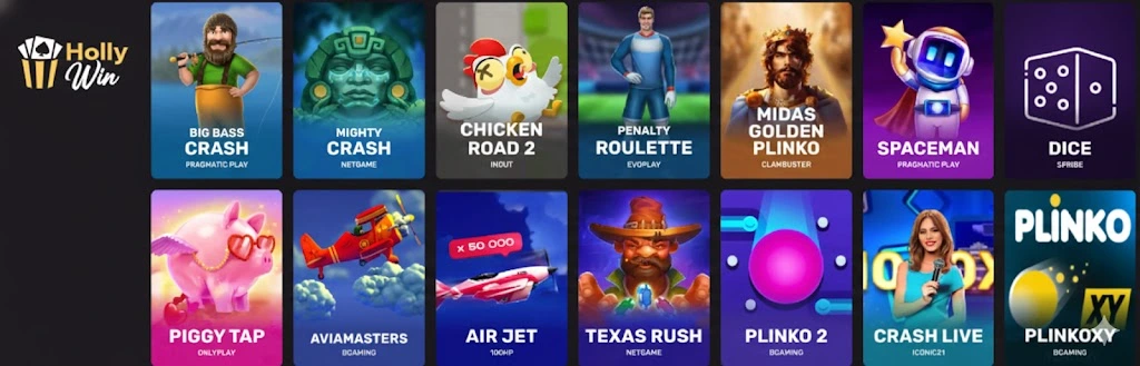 Raster beliebter Instant-Win-Spiele bei Hollywin zeigt die Vielfalt schneller Gaming-Optionen.