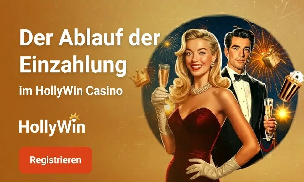 Ein Banner mit Informationen zum Einzahlungsprozess im HollyWin Casino, das ein Paar vor einem festlichen Hintergrund zeigt.